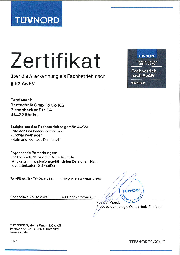 Zertifikat über die Anerkennung als Fachbetrieb nach § 62 AwSV